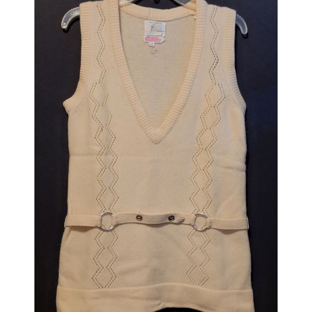 Vintage Drop Waist Sweater Tarni Cream Color Off White Belted V Neck Sleeveless